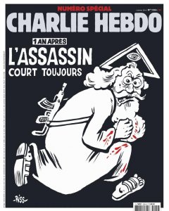 La portada del número especial 1224 de la revista satírica Charlie Hebdo con la caricatura de un dios con una kalashnikov en el que se puede leer 'Un año después. El asesino sigue corriendo'. El semanario satírico francés 'Charlie Hebdo' reivindica así su