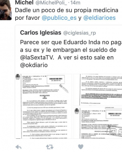 Tuit sobre el embargo de sueldo a Inda