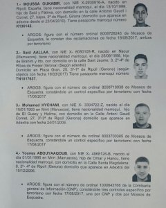 Documento interno difundido por fuentes de la investigación sobre los cuatro sospechosos fugitivos relacionados con los atentados.