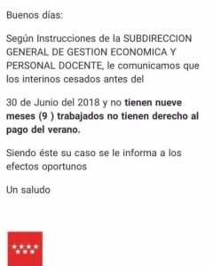 Mensaje recibido por los profesores interinos madrileños.