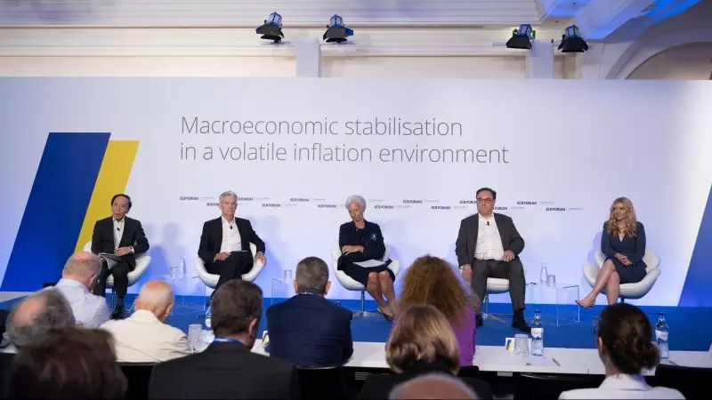 Los responsables del Banco de Japón (Kazuo Ueda),  Reserva Federal de EEUU (Jerome Powell), BCE ( Christine Lagarde) and del Banco de Inglaterra (Andrew Bailey), en el foro de política de Sintra (Portugal).