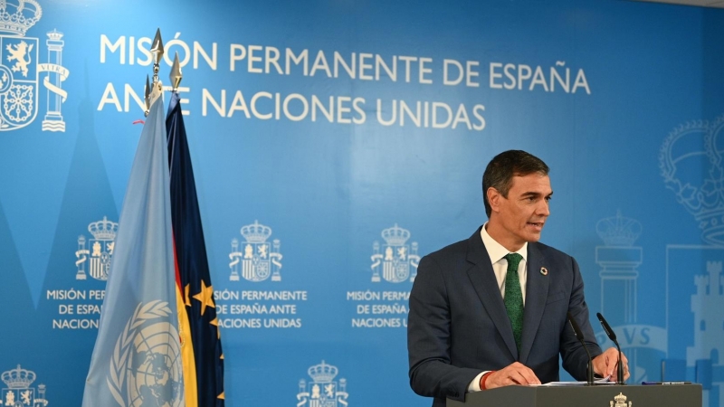 El presidente del Gobierno, Pedro Sánchez, durante su comparecencia ante la prensa en Nueva York la pasada semana.