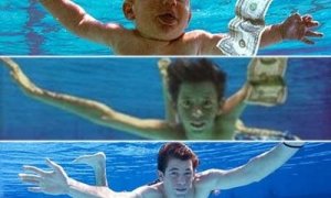 Montaje fotográfico con las imágenes de Spencer Elden a los 4 meses, 10 años y 17 años, protagonista de la portada del disco Nevermind del gurpo Nirvana.