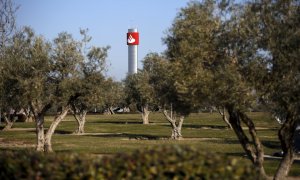 El logo del Banco Santander en una torre de la sede corporativa de la entidad, en la localidad madrileña de  Boadilla del Monte. REUTERS/Juan Medina