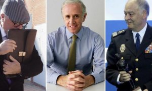 De izquierda a derecha, el excomisario José Manuel Villarejo, el periodista Eduardo Inda, y el ex número dos de la Policía Eugenio Pino. EFE