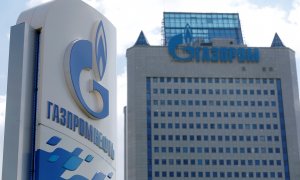 A board with the logo of Gazprom Neft oil company is seen at a fuel station in Moscow, Russia, May 30, 2016. REUTERS/Maxim Zmeyev