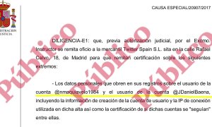 Fragmento del auto del Supremo de apertura del juicio oral de la causa contra el procés en el que se detalla la diligencia pendiente sobre la identidad secreta del teniente coronel Baena en Twitter.