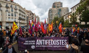 Manifestació de la Diada del País Valencià el 9 d'octubre de 2018 encapçalada per columnes antifeixistes. A.R