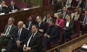 Los doce encausados durante el juicio en el Supremo contra el procés independentista. A la izquierda, arriba, el secretario general de Vox, Javier Ortega Smith, quien dirigió la acusación popular.