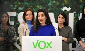 20/11/2019.- La portavoz de Vox en el Parlamento madrileño, Rocío Monasterio, durante la rueda de prensa. / EFE - VÍCTOR LERENA