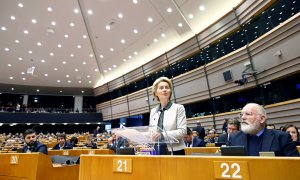 La presidenta de la Comisión Europea, Ursula von der Leyen, y el vicepresidente ejecutivo para el Pacto Verde, Frans Timmermans, presenta la propuesta del Ejecutivo comunitario en el pleno del Parlamento Europeo. REUTERS/Francois Lenoir