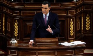 El presidente del Gobierno en funciones, Pedro Sánchez, hoy sábado en el Congreso de los Diputados durante su intervención