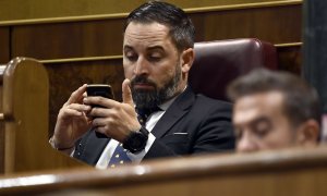 El líder de Vox, Santiago Abascal, utilizando su móvil en el Congreso. / Archivo