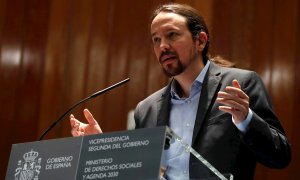 El vicepresidente segundo y ministro de Derechos Sociales y Agenda 2030, Pablo Iglesias, durante su intervención en la toma de posesión de altos cargos del departamento que preside este miércoles en Madrid. EFE/J.J. Guillén