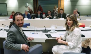 Pablo Iglesias y Yolanda Díaz durante la reunión de hoy con las organizaciones agrícolas. / EFE