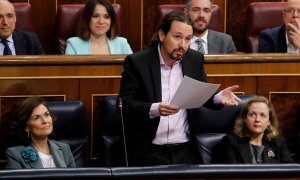 El vicepresidente segundo del Gobierno, Pablo Iglesias, durante su intervención este martes la segunda sesión de control al Gobierno en el Congreso. EFE/Ballesteros