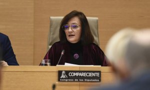 La presidenta de la Autoridad Independiente de Responsabilidad Fiscal (AIReF), Cristina Herrero, durante su comparecencia en la comisión de Hacienda del Congreso de los Diputados. EFE/Víctor Lerena