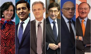 De izq. a der., los presidentes de los seis bancos del Ibex 35: Ana Botín (Santander), Carlos Torres (BBVA), Jordi Gual (Caixabank), José Ignacio Goirigolzarri (Bankia), Josep Oliú (Sabadell) y Pedro Guerrero (Bankinter). EFE/E.P./REUTERS