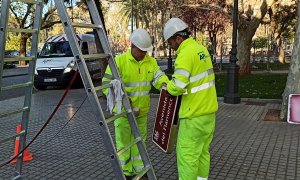 Operarios quitando la placa de la Avenida del Flamenco (Córdoba) / Captura de Youtube