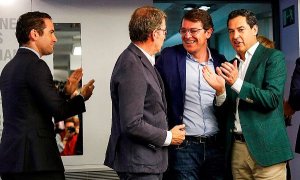 Los barones 'populares' Alberto Núñez Feijóo (Galicia), Alfonso Fernández Mañueco (Castilla y León) y Juanma Moreno (Andalucía), junto a Teodoro García Egea en la sede del PP. EFE