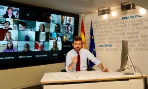 El líder del PP, Pablo Casado, en rueda de prensa telemática con periodistas. Fuente: PP