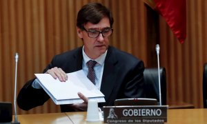 MADRID, 26/03/2020.- El ministro de Sanidad, Salvador Illa, durante su comparecencia en la Comisión de Sanidad del Congreso de los Diputados, hoy jueves, en la que ha explicado que los datos de los últimos días indican un cambio de tendencia, con incremen