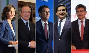 De izq. a der., Ana Botín (presidenta del Banco Santander), Florentino Pérez (presidente de ACS), Jaime Guardiola (consejero delegado del Banco Sabadell), Carlos Torres (presidente de BBVA), y José Antonio Álvarez (consejero delegado de Banco Santander).