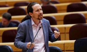 21/04/2020.- El ministro de Derechos Sociales y Agenda 2030 y vicepresidente segundo del Gobierno, Pablo Iglesias, durante la primera sesión de control al Ejecutivo que este martes acoge el Senado durante el estado de alarma, con un presencia reducida al