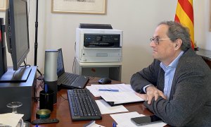 El president de la Generalitat durant la reunió telemàtica del Consell Executiu extraordinari d'aquest dissabte.