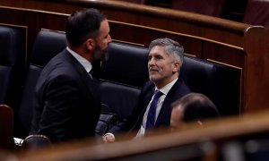 El líder de Vox, Santiago Abascal (i) pasa ante el minitro de Interior, Fernando Grande-Marlaska, tras su intervención en el pleno del Congreso. /EFE