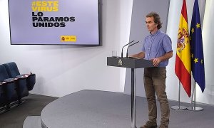 21/05/2020.- Captura de la señal institucional del Palacio de la Moncloa del director del Centro de Alertas y Emergencias Sanitarias del Ministerio de Sanidad, Fernando Simón, durante la rueda de prensa ofrecida este jueves en el Palacio de la Moncloa, en