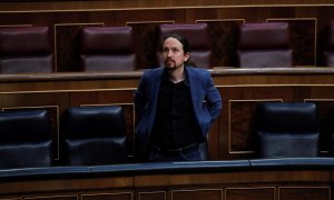 El vicepresidente tercero del Gobierno, Pablo Iglesias, durante el pleno celebrado este miércoles en el Congreso. EFE/Chema Moya