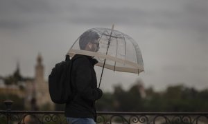 Un hombre camina bajo la lluvia protegido bajo su paraguas durante un chubasco. / Europa Press / Archivo