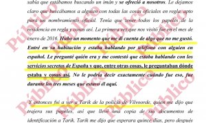 Reproducción del testimonio de Soliman Akaychouh que figura en el folio 11.461 del sumario de los atentados de Barcelona, según el escrito de la defensa que pide revocar el auto de cierre de la instrucción del caso.