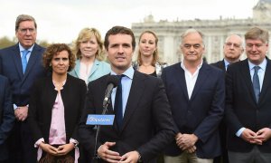 El líder del PP, Pablo Casado, en la presentación de la lista del PP para las elecciones europeas. / FERNANDO VILLAR / EFE