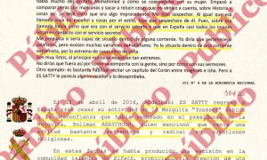 Fragmento del testimonio del presidente de la mezquita Youssef de Diegem, citando las afirmaciones de Es Satty sobre sus contactos con el CNI, y resumen de la Guardia Civil sobre esa declaración a la Fiscalía Belga.