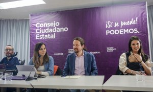 El secretario general de Podemos, Pablo Iglesias, junto a los dirigentes Irene Montero, Ione Belarra y Pablo Echenique - RICARDO RUBIO - EUROPA PRESS - ARCHIVO