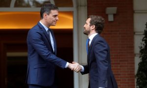 El presidente del Gobierno, Pedro Sánchez, recibe al líder del PP, Pablo Casado, en la Moncloa, el pasado 17 de febrero. (EFE)