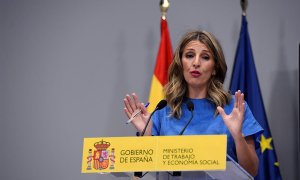 GRAF7227. MADRID, 25/06/2020.- La ministra de Trabajo, Yolanda Díaz, ofrece una rueda de prensa este jueves en la sede del ministerio de Trabajo, en Madrid, donde se ha anunciado el acuerdo entre el Gobierno y los autónomos para extender hasta el 30 de se