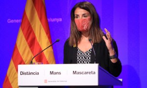 La portaveu del Govern, Meritxell Budó, durant la roda de premsa posterior al Consell Executiu del Govern el 14 de juliol de 2020. Govern