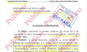 Encabezamiento del informe del fiscal Alfonso San Román oponiéndose a investigar la compra ilegal del sistema israelí de interceptación de smartphones que se usó para espiar a políticos catalanes.