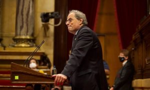 El president de la Generalitat, Quim Torra, en el debat parlamentari sobre la situació política creada després de la decisió de Joan Carles I d'abandonar el territori de l'Estat espanyol. EFE/Enric Fontcuberta