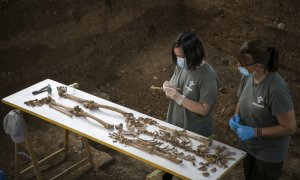 Personal técnico trabajando en la exhumación de la fosa común de Pico Reja, una de las mayores fosas del franquismo, ubicada en el cementerio de San Fernando, en Sevilla. María José López / Europa Press