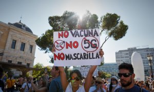 Manifestación contra el uso obligatorio de mascarillas en la plaza de Colón de Madrid. /Europa Press