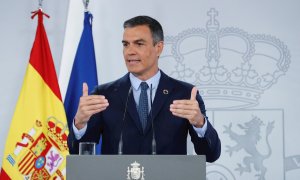 El presidente del Gobierno, Pedro Sánchez, durante su comparecencia ante los medios tras la reunión del Consejo de Ministros celebrado hoy. EFE/Zipi