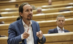 El vicepresidente segundo del Gobierno y líder de Podemos, Pablo Iglesias, durante su intervención en una sesión de control al Gobierno en el Senado. E.P./J. Hellín/Pool