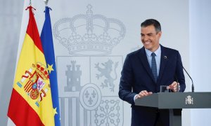 El presidente del Gobierno, Pedro Sánchez, durante su comparecencia ante los medios tras la reunión del Consejo de Ministros de este martes. EFE/Zipi