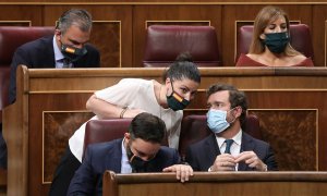 El portavoz de Vox, Iván Espinosa de los Monteros (1d), habla con la secretaria general del grupo parlamentario, Macarena Olona, junto al presidente de la formación ultraderechista, Santiago Abascal (2i), durante una sesión plenaria  en el Congreso de los