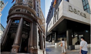 Las actuales sedes en Valencia de Caixabank y de Bankia, ambas en la calle Pintor Sorolla. EFE/REUTERS