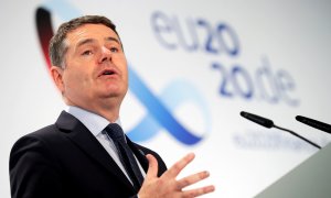 El presidente del Eurogrupo, Paschal Donohoe, en la rueda de prensa tras la reunión de los ministros de Finanzas de la Eurozona en Berlín. REUTERS/Hannibal Hanschke/Pool